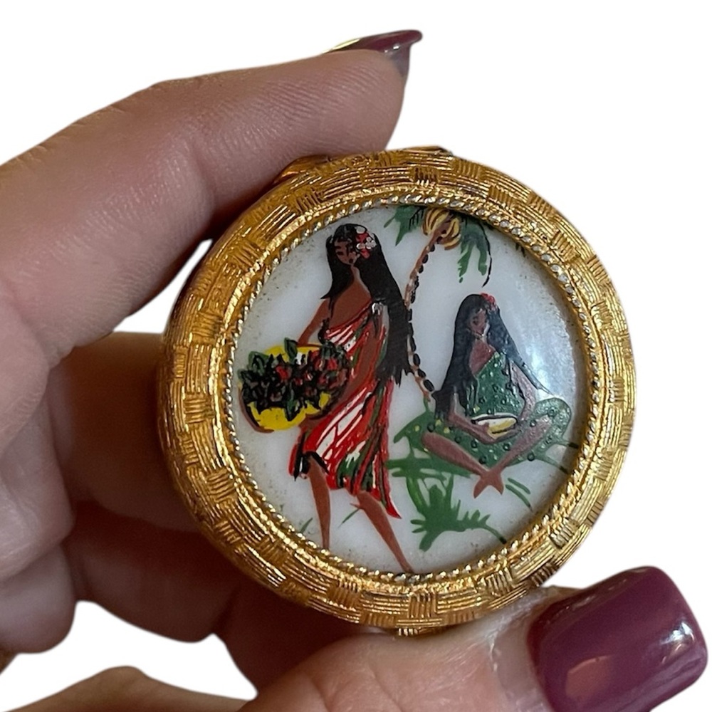 Gold and Multicolor Trinket Box Pillbox with Polynesian Island Girls Design